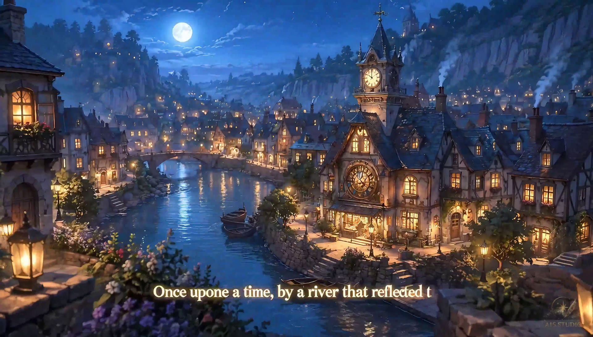 Moonlit Riverside Town. Visual language example from the AIS.STUDIO archive.